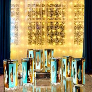 Set of 8 Retro MCM Turquoise and Gold highballs